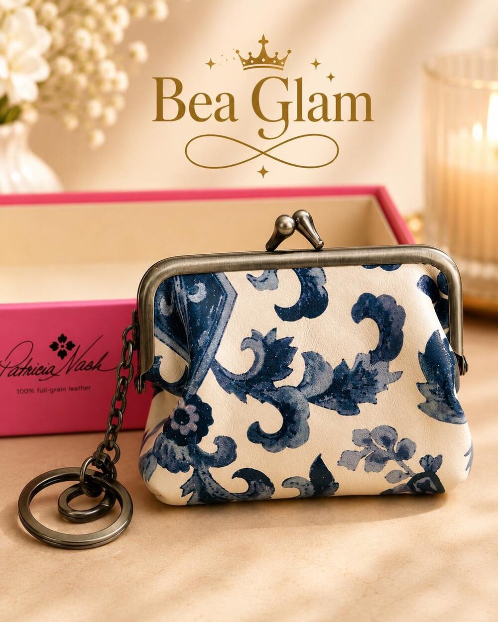 Patricia Nash Blue Floral Leather Borse Coin Purse, Vintage Style, New with Tag
